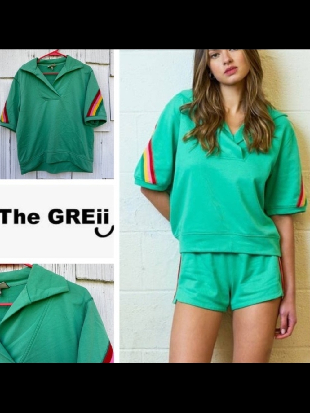 The GREII Sea Green Rainbow Striped Short Sleeve Sweatshirt
